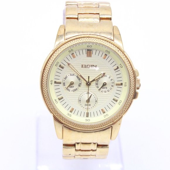 ELGIN クォーツ腕時計 18K GOLD HAND ２点セット Elgin Gold Analog Wristwatch & Bracelet Set with Crystals, Men's
